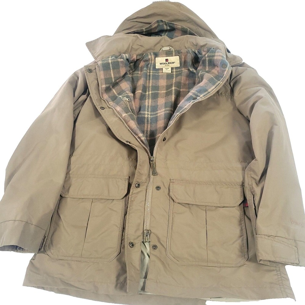 Woolrich Parka Wool Barn Chore Coat M Branch Green Canvas Plaid Flannel  Hooded